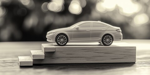 A small toy car sits atop a wooden block, perfect for imaginative play or display