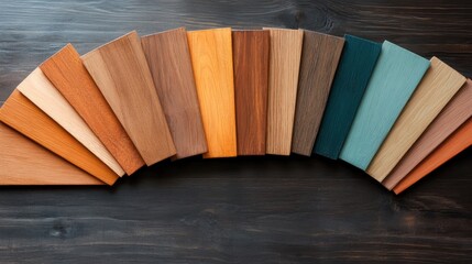 A vibrant fan-like assortment of wooden samples lies on a dark wooden surface, illustrating diverse shades and textures, ideal for design inspiration and analysis.