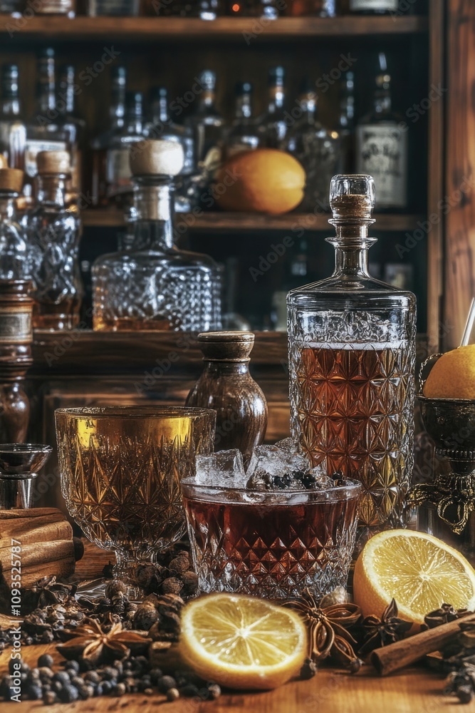 Poster a wooden table with many bottles and glasses filled with various drinks