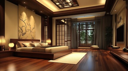 Luxurious Asian-style bedroom with hardwood floors, large bed, and serene decor.