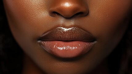 Naklejka premium Close-Up of Glossy Lips on Beautiful Dark Skin: Beauty Portrait