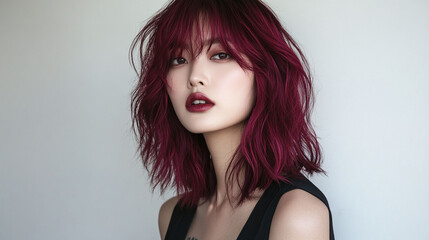 Deep burgundy red shoulder-length tousled lob with bangs bold and sophisticated hairstyle