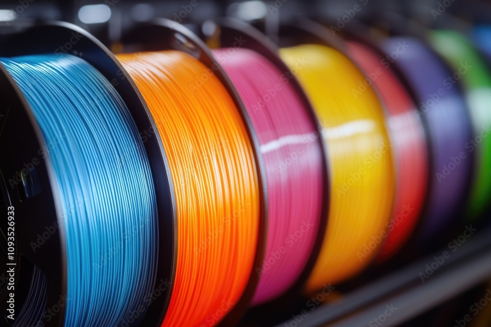 Poster a collection of colored spools on a metal rack, useful for craft and diy projects