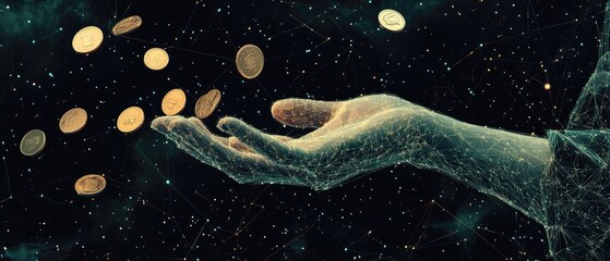 Hand catching falling coins in space.