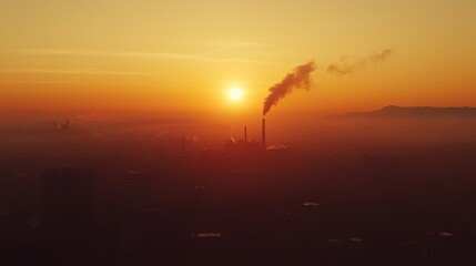 Industrial Progress vs. Environmental Health: Sunset Silhouette of City Factory Emitting Smoke