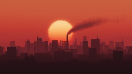 Obraz premium Industrial Progress versus Environmental Health: Sunset Silhouette of Factory Emitting Smoke over City Skyline