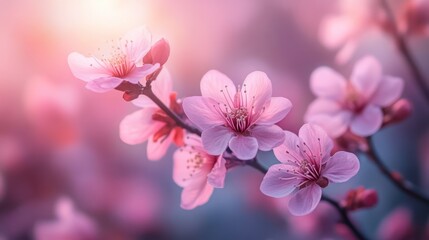 Fototapeta premium Delicate pink cherry blossoms blooming in the warm sunlight.