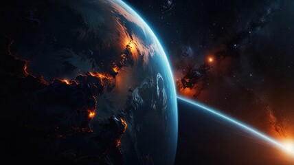 Obraz premium Burning planet Earth viewed from space with fiery surface and distant nebula.