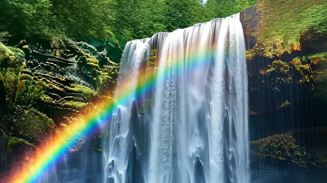 A stunning view of a waterfall cascading into a pool of water with a rainbow arching over it, Vibrant rainbow arching over a majestic waterfall