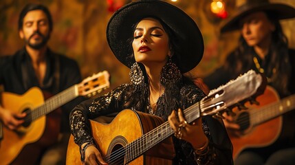 Obraz premium Woman playing guitar with band, flamenco style.