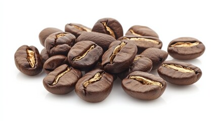 Fototapeta premium Freshly Roasted Coffee Beans Piled on White Background