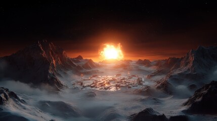 Naklejka premium A massive explosion illuminates a desolate snowy landscape surrounded by jagged mountains, representing desolation, destruction, and the power of nuclear forces.