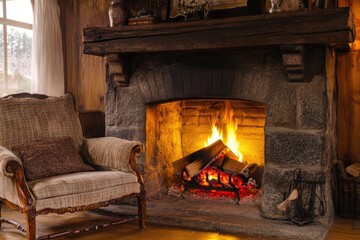 Cozy living room with a fireplace and a chair