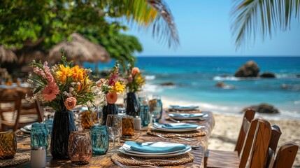 Beautiful Tropical Beachfront Table Setting with Colorful Flowers, Beach View, and Clear Blue Sky, Perfect for Outdoor Dining and Summer Gatherings Near the Ocean