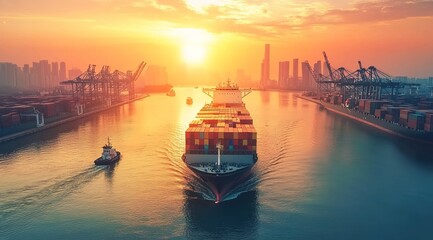 Obraz premium Aerial view of a cargo ship with containers sailing in the harbor