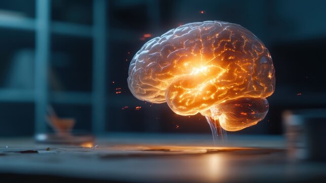 A glowing brain floats above a desk, surrounded by fiery sparks. This dynamic and futuristic image exemplifies creativity and intelligence in a digital age.