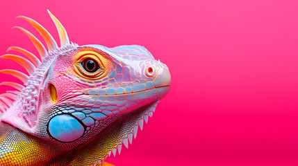 Fototapeta premium Vibrant Iguana Showcases Colorful Patterns Against a Bold Pink Backdrop in Nature-Inspired Setting