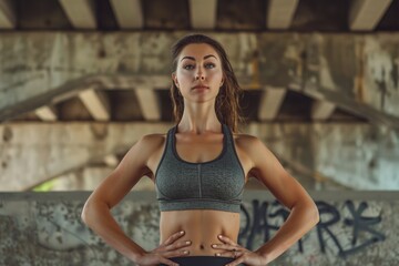 Naklejka premium A woman in a sports bra top stands confidently, hands on hips