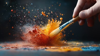 An explosion of vibrant paint colors mixing dynamically from a brush, symbolizing artistic freedom and creativity, caught mid-motion, showcasing color and energy.