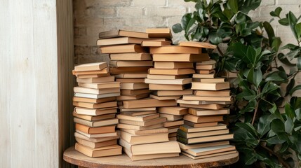 Various old books piled high on a wooden surface, framed by green leafy plants, suggesting an atmosphere of rustic charm and intellectual curiosity.