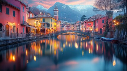 Naklejka premium A picturesque European town with a canal flowing through it, illuminated by streetlights at sunset, with snow-capped mountains in the background.