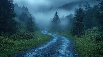 Fototapeta premium Misty Forest Path with Winding Road Surrounded by Pine Trees - Serene and Enigmatic Scene