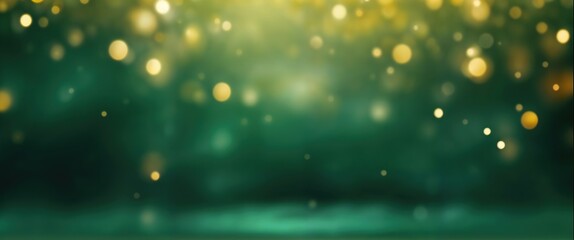 Abstract blur bokeh banner background. Gold bokeh on defocused emerald green background