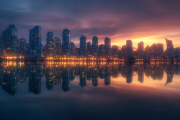 Fototapeta premium Skyline Reflection of a Vibrant City at Dusk, Calm and Serene