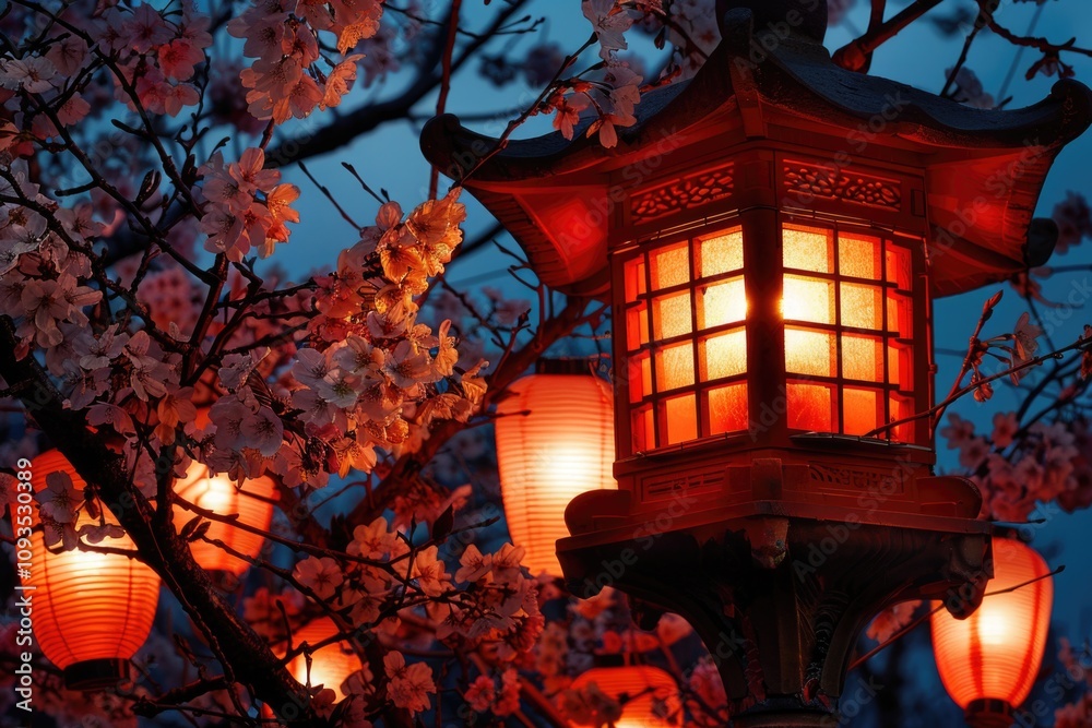 Poster A lantern shines brightly in front of a tree, creating a warm and cozy atmosphere
