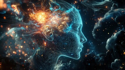 A surreal depiction of a human silhouette intertwined with cosmic elements.