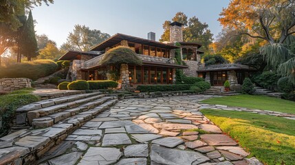 Obraz premium Elegantly designed stone house surrounded by lush greenery in a serene autumn landscape at sunset. Generative AI