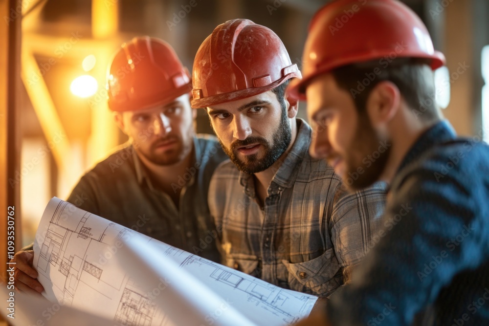 Poster a group of men in hard hats examining blueprints, possibly discussing construction or engineering pr
