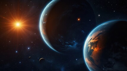 Obraz premium Here's a description and keywords for your image.. Two planets orbiting a bright star in deep space.
