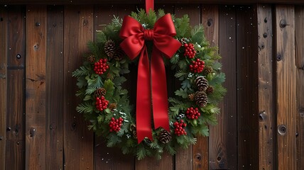 A wreath with red ribbon and pine cones on it