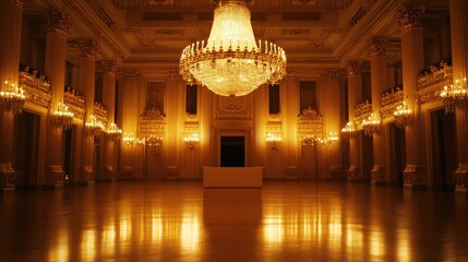 Obraz premium Grand ballroom interior at night, illuminated by chandeliers and wall sconces.