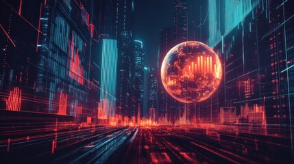 Futuristic cityscape with digital elements and a glowing globe, symbolizing technology and data.