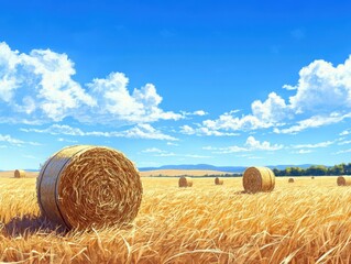 A serene landscape with golden hay bales under a bright blue sky.
