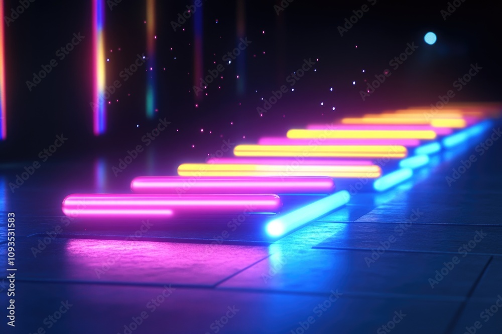 Poster a row of neon stairs against a tiled floor backdrop, ideal for use in futuristic or sci-fi scenes