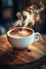 A cup of coffee with steam rising out from the top