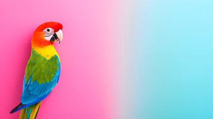 Fototapeta premium Vibrant Macaw Perched Against a Pastel Backdrop of Pink and Blue Hues in Nature's Embrace