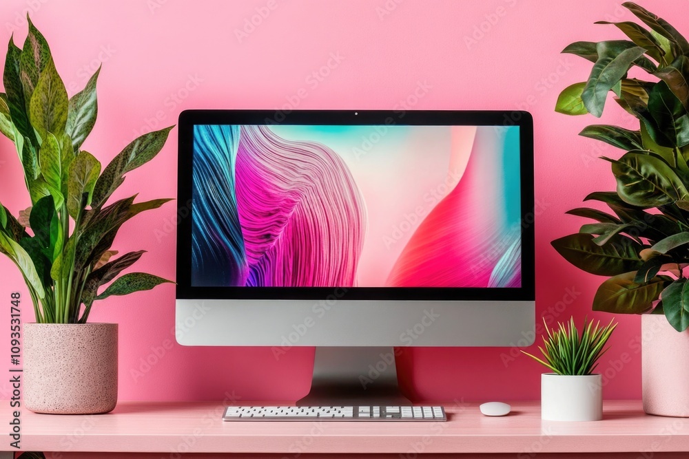 Poster a desktop computer sits on top of a pink desk