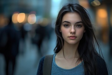 Fototapeta premium A woman with long black hair wearing a blue shirt, great for profiles or fashion shots
