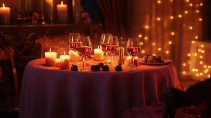 Romantic table setting with pink linen tablecloth, glowing candles of varying heights, wine glasses filled with red wine, and scattered chocolates creating a cozy intimate atmosphere.