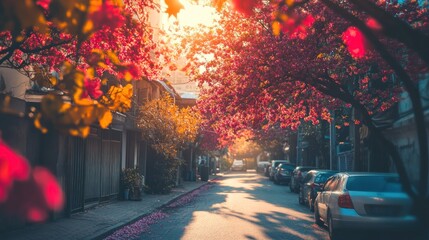 Sunlit Street Scene With Blooming Pink Trees And Parked Cars
