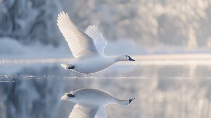 A snow goose gliding gracefully over a frozen lake its reflection mirrored in the icy surface with a soft snowy backdrop