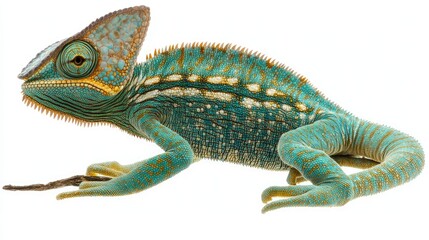 Obraz premium Vibrant turquoise chameleon isolated on white background.