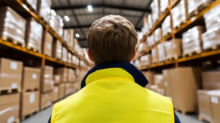 Fototapeta premium Warehouse worker observes inventory management in storage facility during daylight hours
