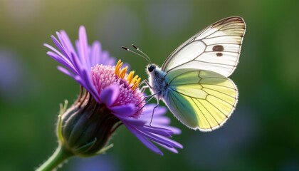 White butterfly pollinates purple flower. Close-up macro view of delicate butterfly on blossom. Natural garden scene. Summer day. Wildlife photo. Nature beauty. Vivid colors of flora, fauna. Eco