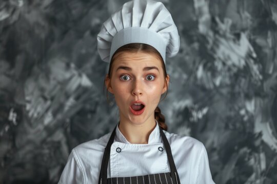 A woman wearing a chef's hat looks surprised and caught off guard