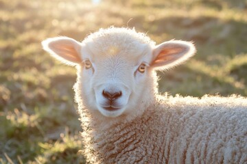 Fototapeta premium Close-up of a sheep grazing in a lush green field